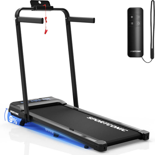Laufband klappbar 1–12 km/h mit 9% Steigung und Tablethalter