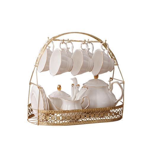 Tee-Set Keramik 15-teilig Weiss mit Lagerregal fuer 6 Personen