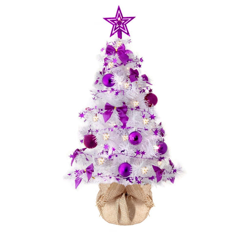 Künstlicher Weihnachtsbaum 60 cm Weiss mit Lila Deko und LED-Lichterkette