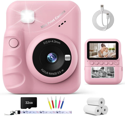 Kinderkamera Sofortdruck 48MP 1080P mit 3-Zoll-Screen, Rosa