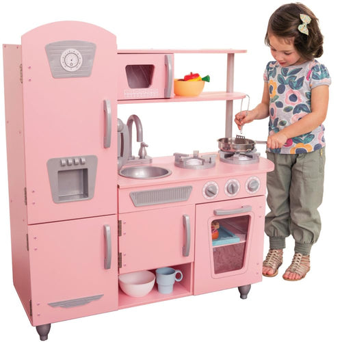 Kinderküche Holz Vintage Rosa mit Telefon & Retro-Kühlschrank