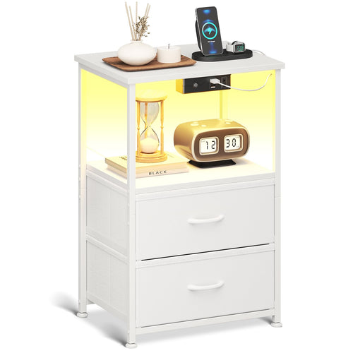 Nachttisch Stoff Weiss mit LED, 2 USB und Steckdose
