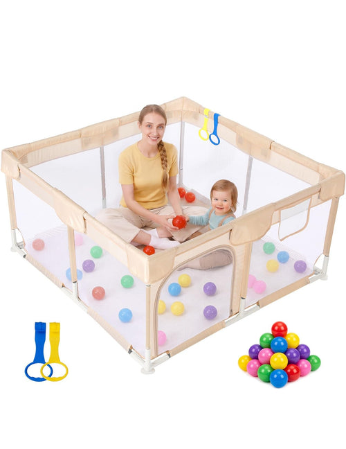 Laufstall Baby 124x124cm atmungsaktiv mit Spielzeug Kaffeebraun