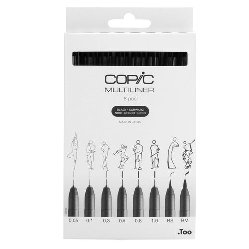 Fineliner Set Schwarz 8 Strichstärken mit Pinselspitzen