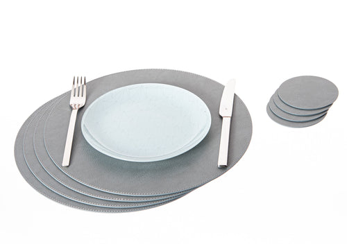 Platzset rund recyceltes Leder 33 cm mit Untersetzer 8-teilig Grau