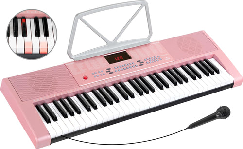 Einsteiger-Keyboard 61 Leuchttasten 255 Sounds mit Mikrofon Pink