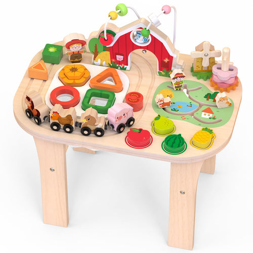 Montessori Aktivitätstisch Holz Bauernhof mit Perlenlabyrinth & Formensorter