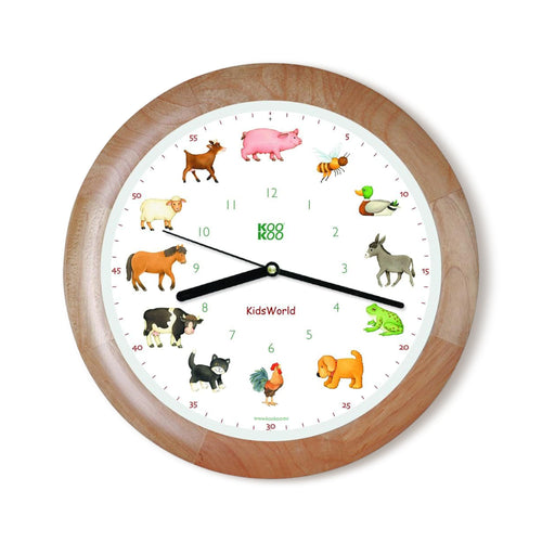 Kinderwanduhr Holz mit 12 echten Bauernhof-Tierstimmen 34 cm