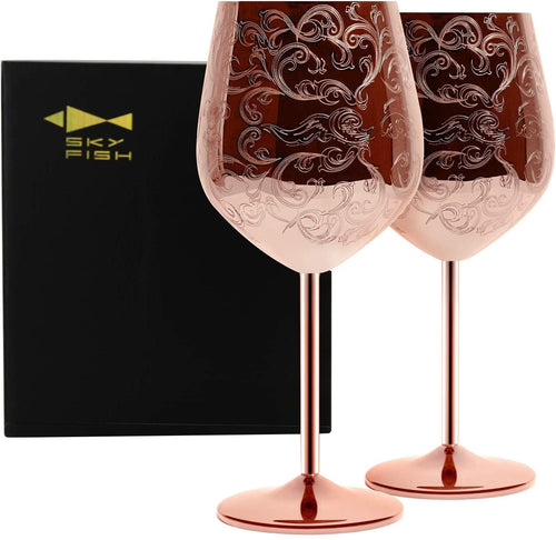 Weinkelche Edelstahl Barock-Gravur Roségold 480ml 2er-Set