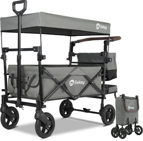 Bollerwagen faltbar mit Dach für 2 Kinder 110L Stauraum grau