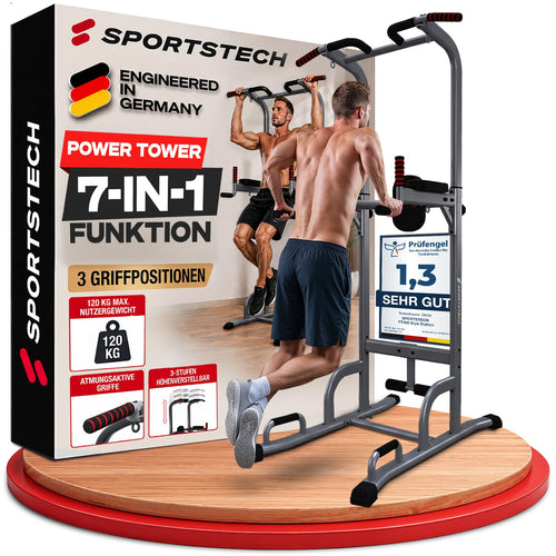 Kraftturm 7-in-1 mit Klimmzugstange, Dip Station & TRX-Ösen, 120 kg