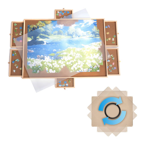 Puzzle Board 360° drehbar mit 6 Schubladen für 1000 Teile Kiefernholz