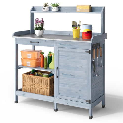 Pflanztisch Holz mit verzinkter Arbeitsplatte, Schublade & Unterschrank 112x46x125 cm Grau
