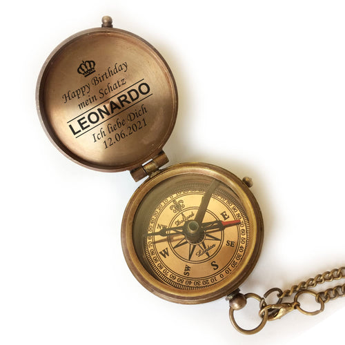 Kompass Messing Vintage mit Gravur, Kette und Ledertasche