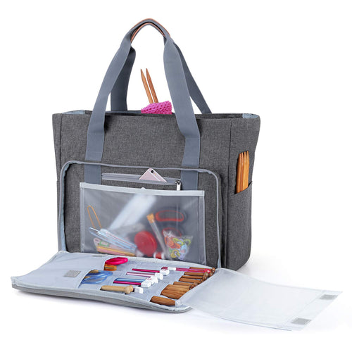 Stricktasche Nylon grau mit Garnösen und Trennfächern