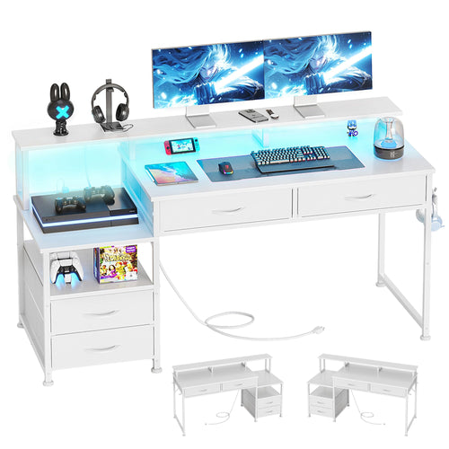 Schreibtisch mit Schubladen, LED, Steckdose & Monitoraufsatz, Weiss