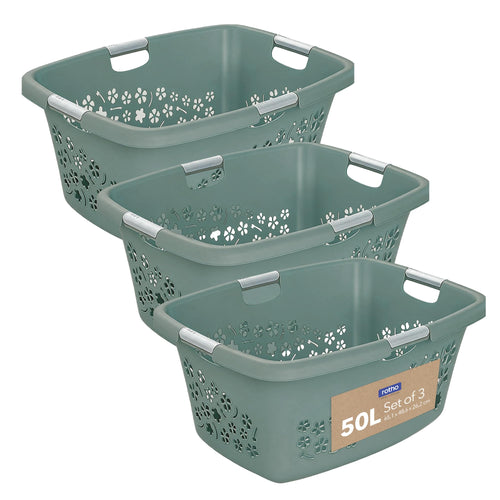 Wäschekorb 3er-Set 50 L je Korb mit Blumen-Dekor Grün 4 Griffe