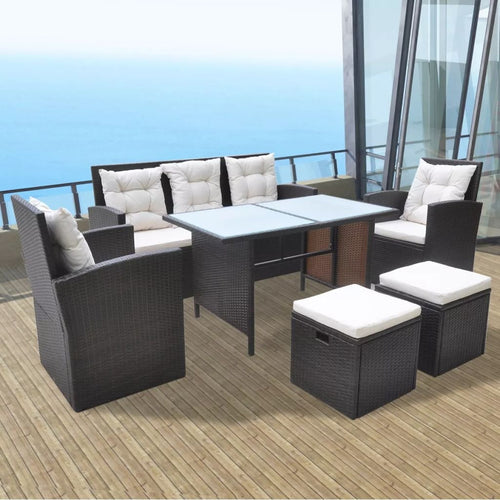 Rattan Gartengarnitur 18-teilig Braun mit Glasplatte für Terrasse