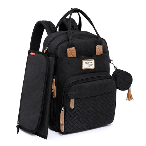 Wickelrucksack mit Wickelauflage und 18 Taschen, wasserfest, Schwarz