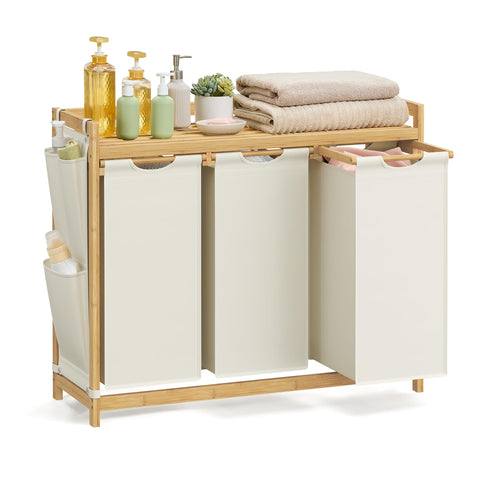Wäschekorb 3 Fächer Bambus 150 L mit Ablage cremeweiß