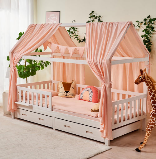 Hausbett Himmel Set Musselin Bio-Baumwolle GOTS 125x350cm Hellrosa