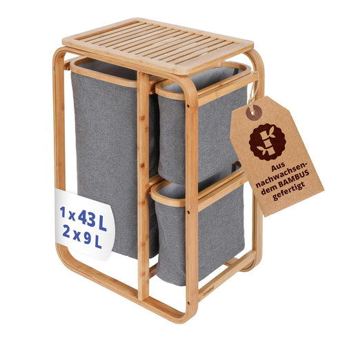 Wäschekorb Bambus mit 3 ausziehbaren Säcken Grau 71x50x33 cm