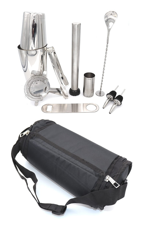 Barkeeper-Koffer Canvas 9-teilig mit Edelstahl-Cocktailset