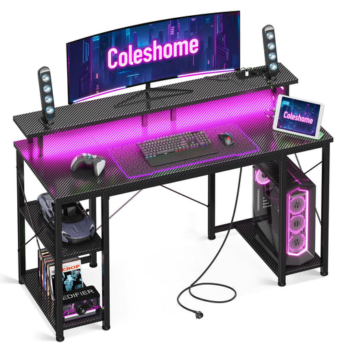 Gaming Schreibtisch mit LED-Beleuchtung und Regal, 120x50 cm, Schwarz