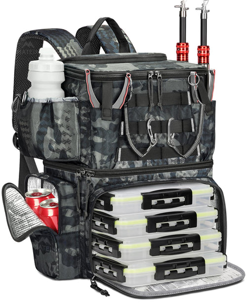 Angelrucksack Camouflage mit Kühlfach, 4 Köderboxen und Rutenhalter
