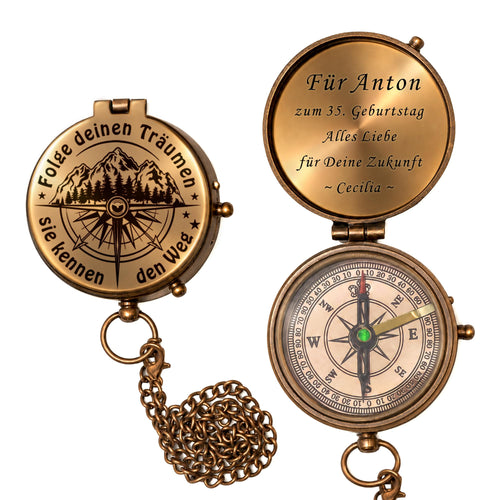 Kompass mit Gravur personalisiert Messing Vintage mit Kette