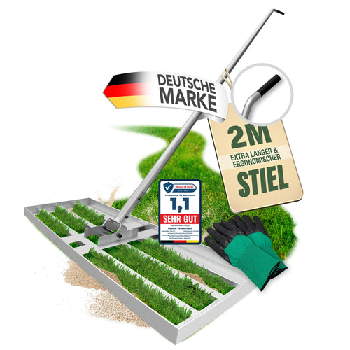 Rasen Rakel Stahl 114x25 cm mit 2,13 m Stiel zur Rasennivellierung