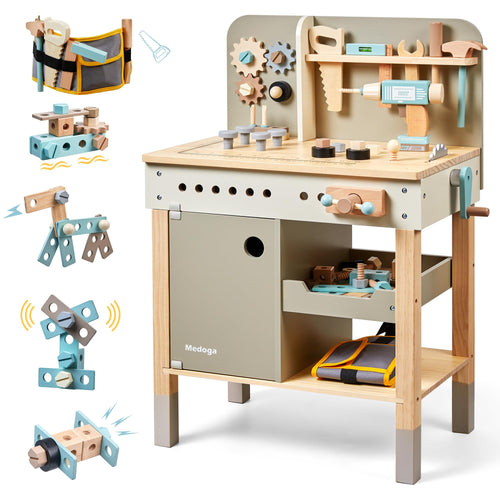 Kinder-Werkbank Holz mit Werkzeuggürtel und Bohrer für 3–9 Jahre