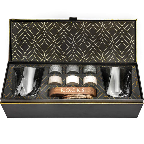 Whisky Kühlsteine Geschenkset Granit mit 2 Kristallgläsern und Holztablett