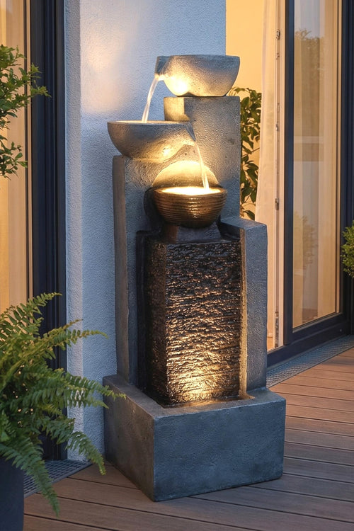 Gartenbrunnen Wasserfall LED 109 cm Steinoptik Polyresin für Terrasse