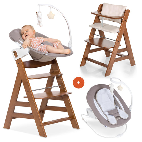 Hochstuhl Holz 4-in-1 Set mit Neugeborenenaufsatz und Babywippe