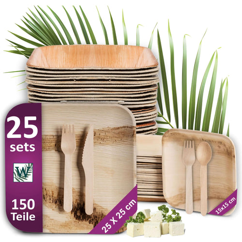 Palmblatt Einweggeschirr Set mit Holzbesteck für 25 Personen
