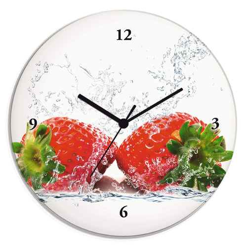 Wanduhr Glas lautlos rund Ø 30 cm Erdbeere Motiv Funkuhr