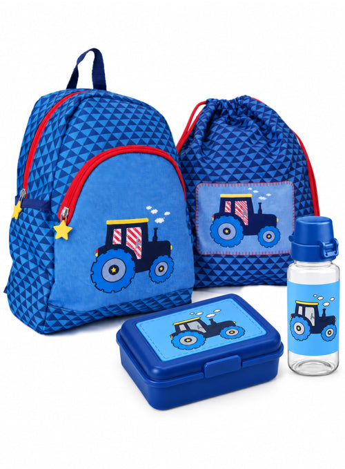 Kinderrucksack Set 4-teilig Traktor Blau für Kindergarten ab 3 Jahren