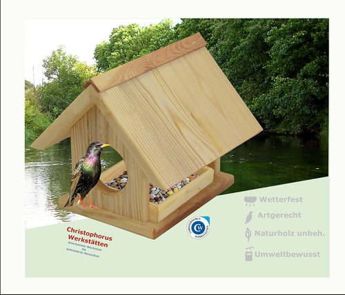 Vogelhaus Kiefernholz mit Futterschublade NABU-konform wetterfest