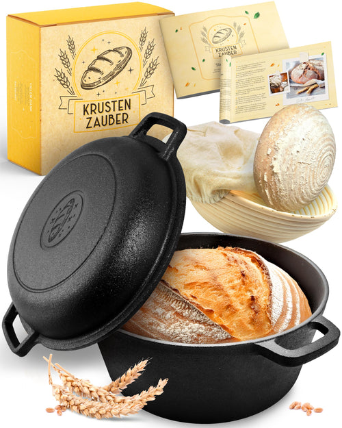 Brotbacktopf Gusseisen 26 cm mit Gärkörbchen Rattan-Set