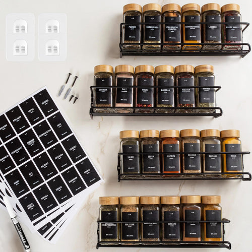 Gewürzregal Wand ohne Bohren 4er Set mit 24 Gläsern und Etiketten