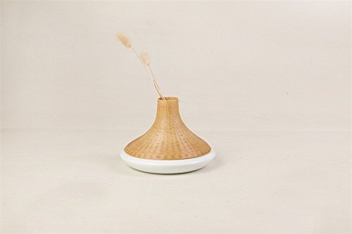 Keramikvase mit Bambusflechtdeckel handgefertigt Tischdeko weiss