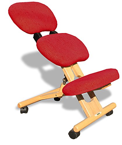 Kniehocker Ergonomisch mit Rückenlehne Holz Gummibaum Stoff Natur/Rot - Bild 2