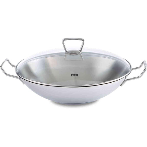 Wok Edelstahl unbeschichtet 36 cm mit Glasdeckel & Gittereinsatz Induktion