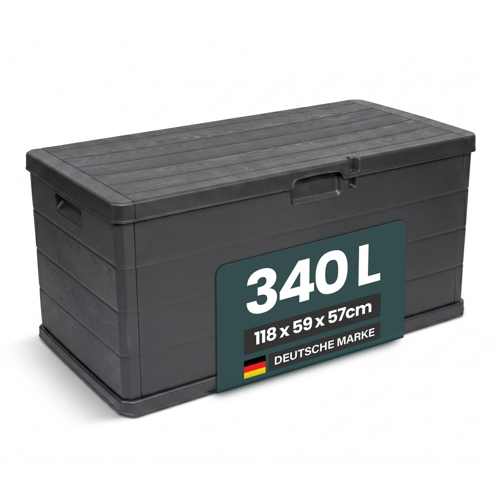 Kissenbox XL Kunststoff Holz-Optik Anthrazit 340 L als Sitzbank nutzbar
