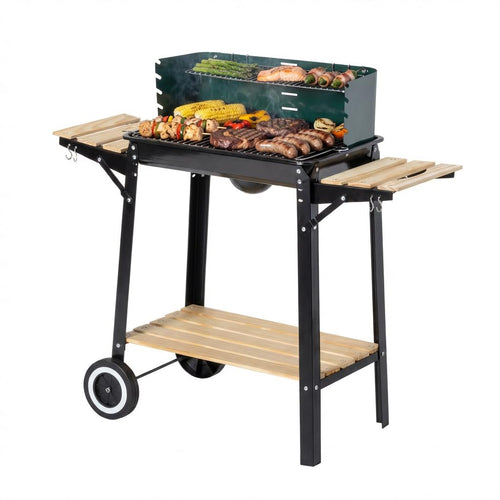 Holzkohle-Grillwagen Stahl grün 94x41x85cm 2 Grillroste Seitenablagen