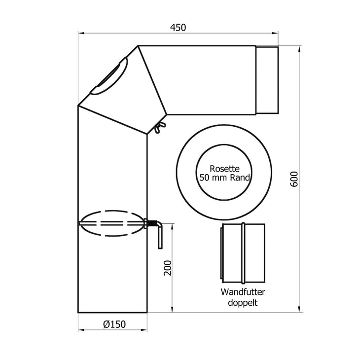 Rauchrohr-Set 150 mm Gussgrau 90° Bogen mit Zugregulierung und Reinigungsöffnung - Bild 7