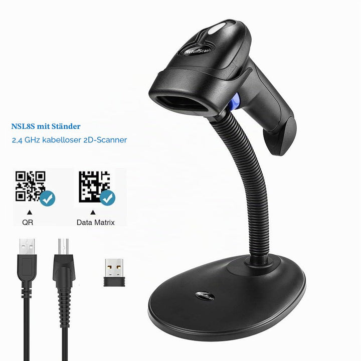 2D Barcode Scanner kabellos mit Ständer USB QR PDF417 Datenmatrix