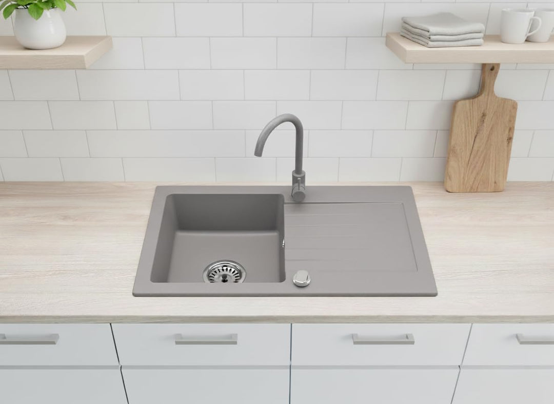 Granitspüle 75x44 cm Grau Einbau beidseitig montierbar mit Siphon - Bild 2