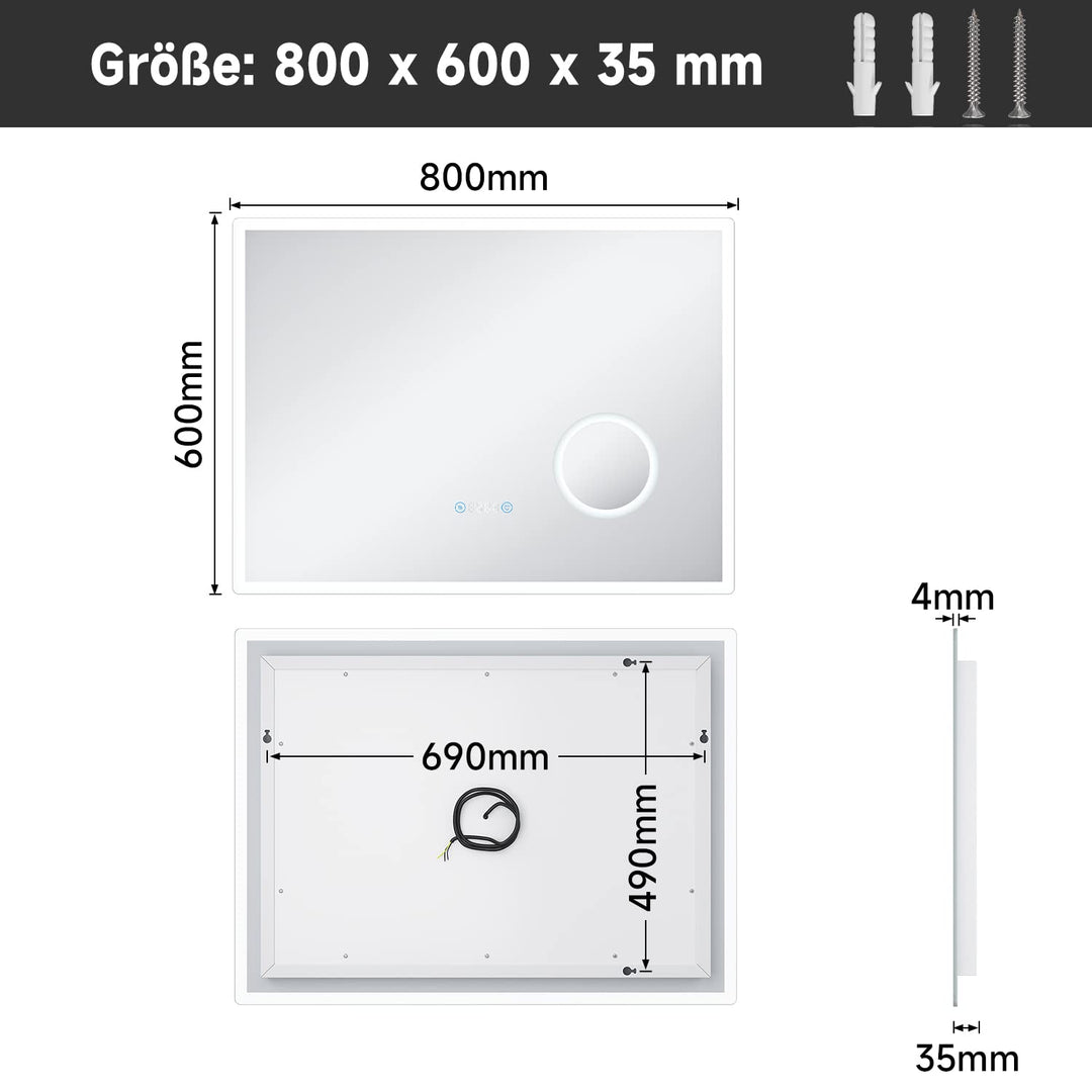 Badspiegel mit LED-Beleuchtung 80x60 cm Uhr Temperatur Antibeschlag - Bild 7
